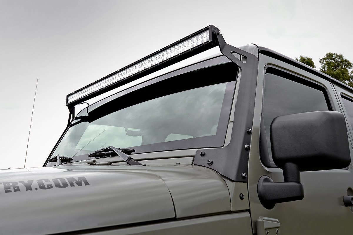 Rough Country - LED Light - Windshield Mnt - 50" Black Dual Row - White DRL - Jeep Wrangler JK (07-18) - 70504BLDRL for 2007-
