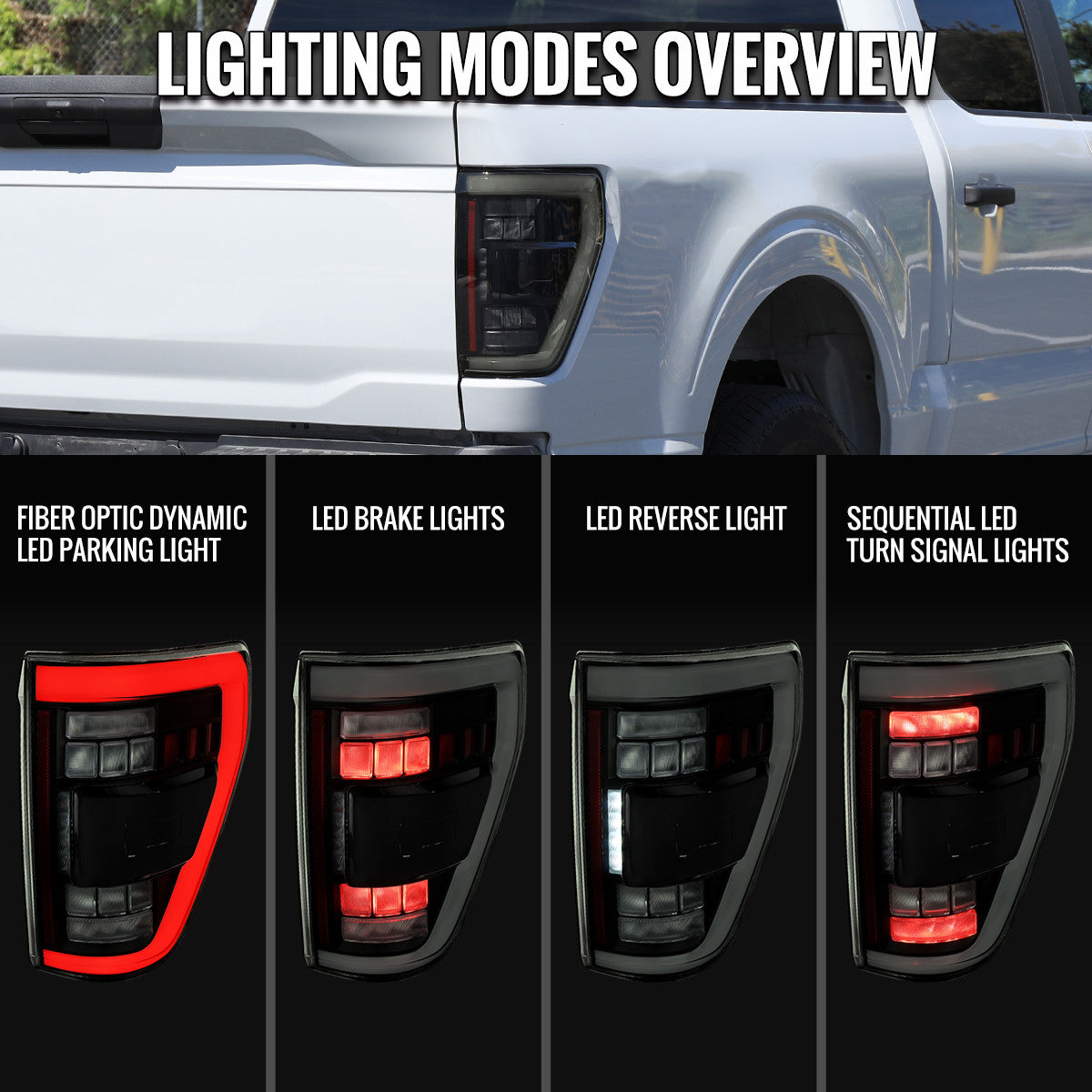 Spec-D Tuning - 2021-2023 Ford F-150 Full LED Tail Lights with White Light Bar Sequential Turn Signal, Startup Animation & Factory BSM Compatibility (Black Housing / Smoked Lens) - LT-F15021BBBSM-SQ-RS