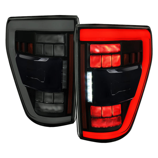 Spec-D Tuning - 2021-2023 Ford F-150 Full LED Tail Lights with White Light Bar Sequential Turn Signal, Startup Animation & Factory BSM Compatibility (Black Housing / Smoked Lens) - LT-F15021BBBSM-SQ-RS