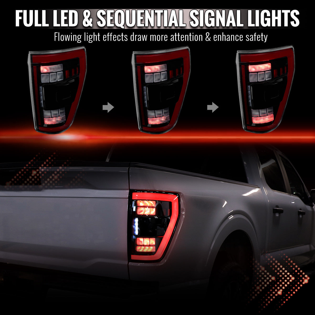 Spec-D Tuning - 2021-2023 Ford F-150 Full LED Tail Lights with Red Light Bar Sequential Turn Signal, Startup Animation & Factory BSM Compatibility (Glossy Black Housing / Clear Lens) - LT-F15021BKBSM-SQ-RS