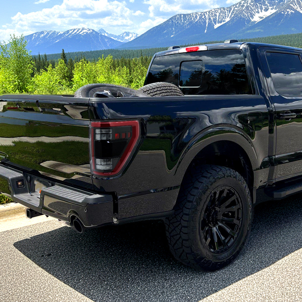 Spec-D Tuning - 2021-2023 Ford F-150 Full LED Tail Lights with Red Light Bar Sequential Turn Signal, Startup Animation & Factory BSM Compatibility (Glossy Black Housing / Clear Lens) - LT-F15021BKBSM-SQ-RS