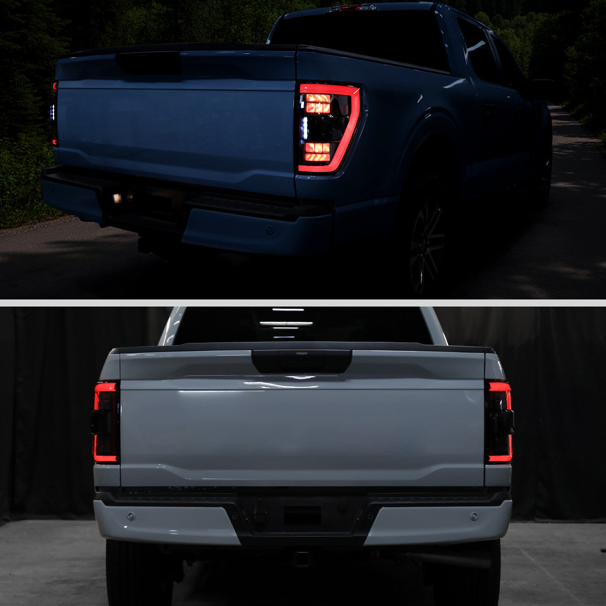 Spec-D Tuning - 2021-2023 Ford F-150 Full LED Tail Lights with Red Light Bar Sequential Turn Signal, Startup Animation & Factory BSM Compatibility (Glossy Black Housing / Clear Lens) - LT-F15021BKBSM-SQ-RS