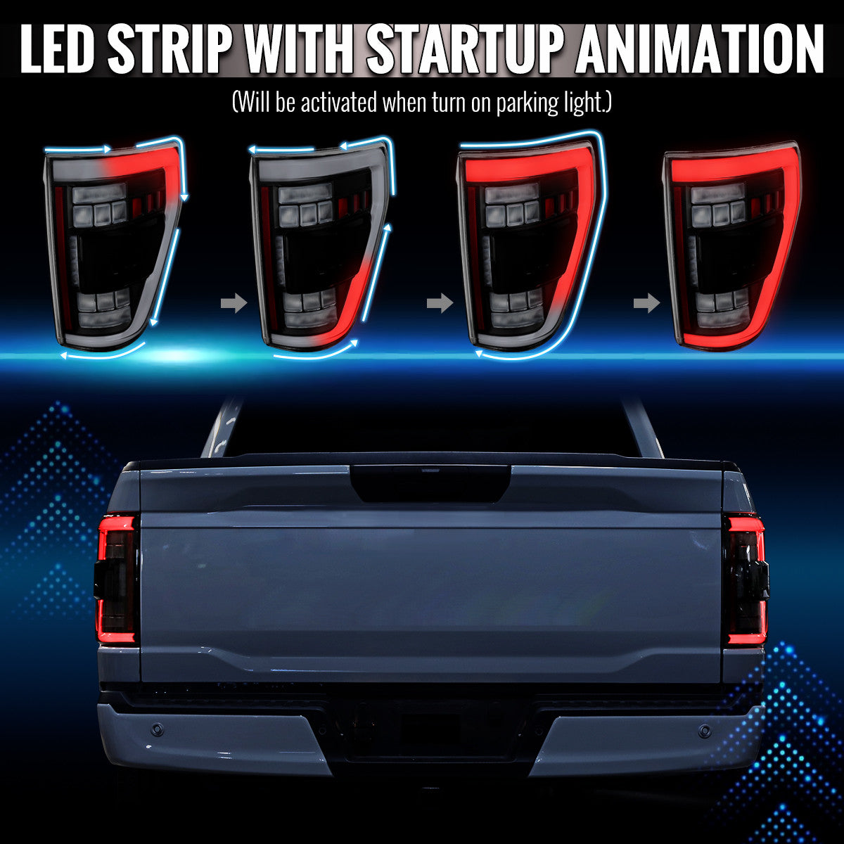 Spec-D Tuning - 2021-2023 Ford F-150 Full LED Tail Lights with White Light Bar Sequential Turn Signal, Startup Animation & Factory BSM Compatibility (Black Housing / Clear Lens) - LT-F15021JMBSM-SQ-RS