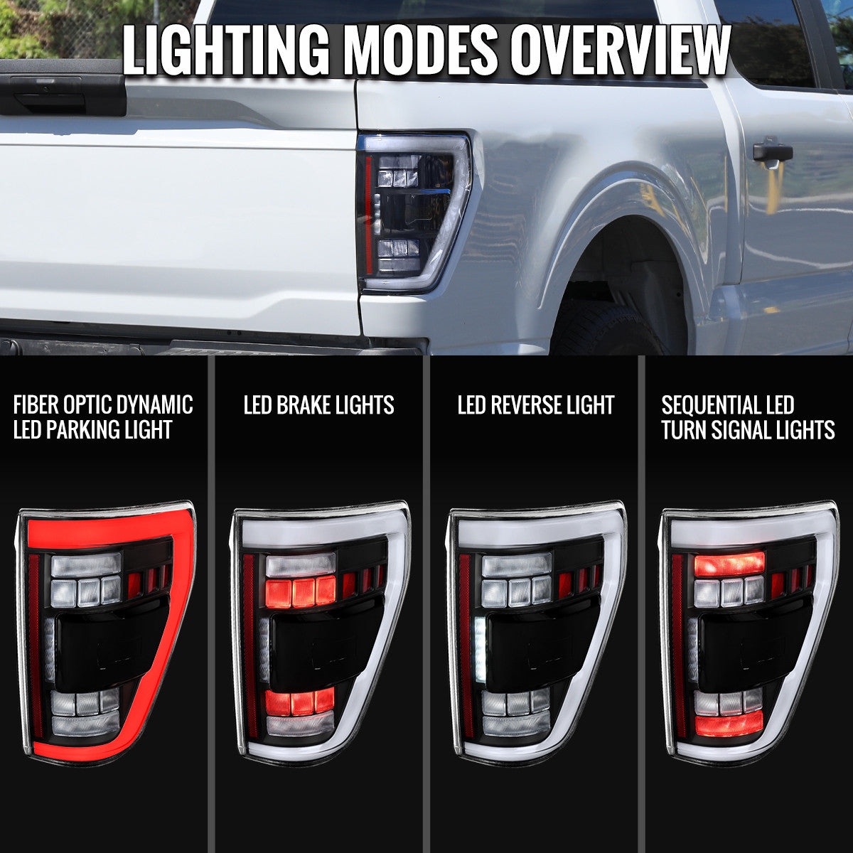 Spec-D Tuning - 2021-2023 Ford F-150 Full LED Tail Lights with White Light Bar Sequential Turn Signal, Startup Animation & Factory BSM Compatibility (Black Housing / Clear Lens) - LT-F15021JMBSM-SQ-RS