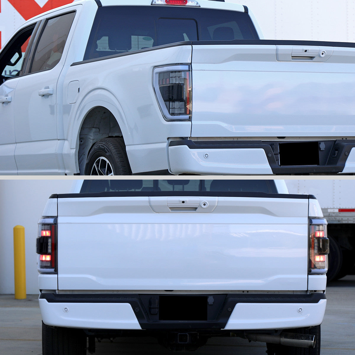 Spec-D Tuning - 2021-2023 Ford F-150 Full LED Tail Lights with White Light Bar Sequential Turn Signal, Startup Animation & Factory BSM Compatibility (Black Housing / Clear Lens) - LT-F15021JMBSM-SQ-RS