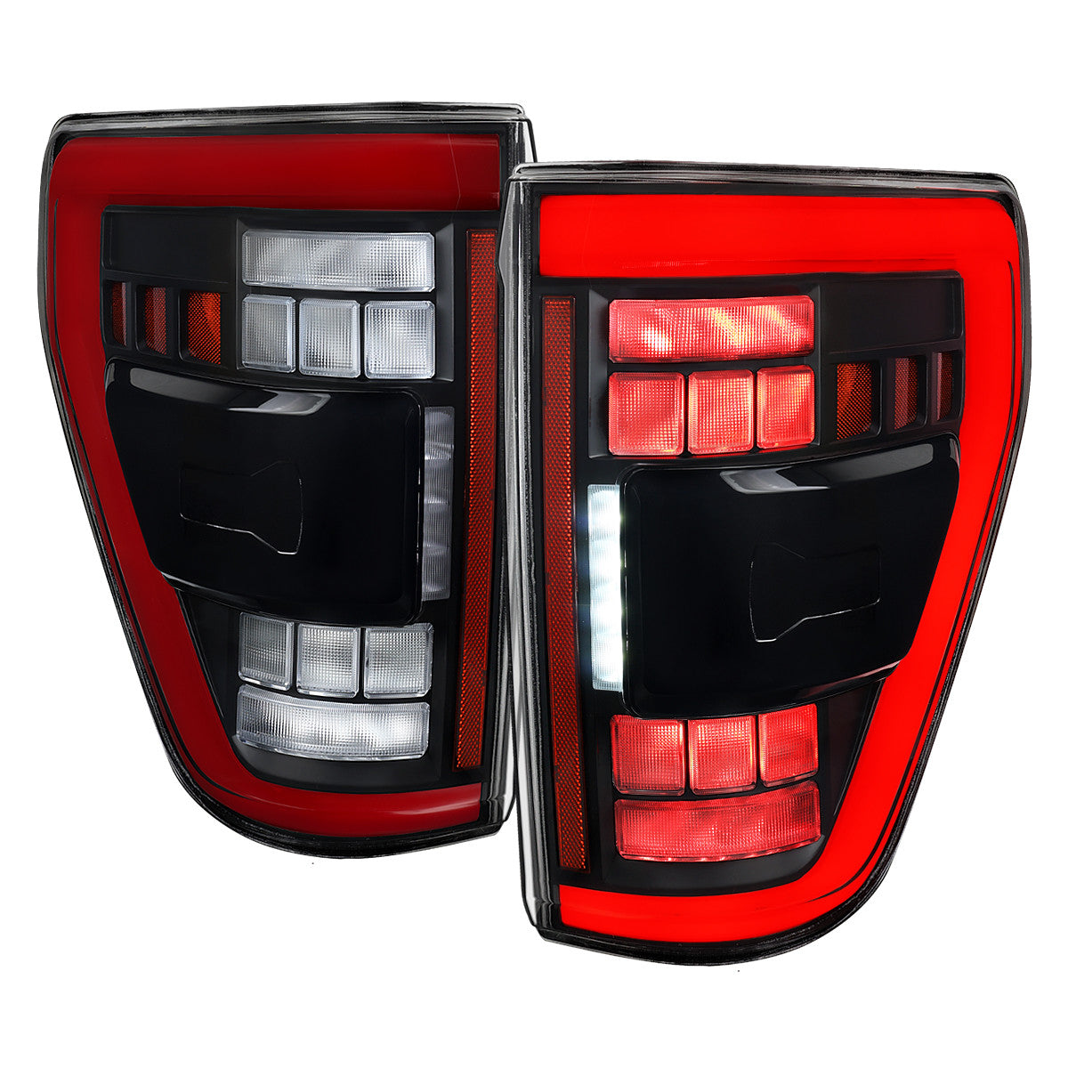 Spec-D Tuning - 2021-2023 Ford F-150 Full LED Tail Lights with Red Light Bar Sequential Turn Signal, Startup Animation & Factory BSM Compatibility (Matte Black Housing / Clear Lens) - LT-F15021JRBSM-SQ-RS