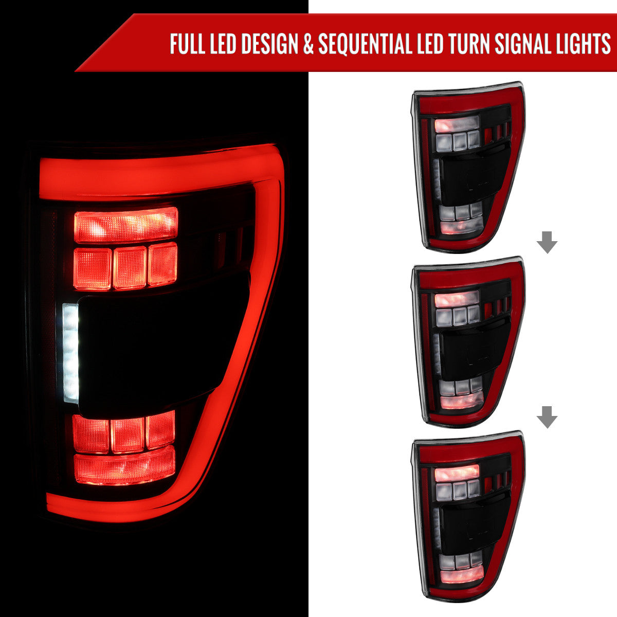 Spec-D Tuning - 2021–2023 Ford F-150 Red LED Tail Lights w/ Switchback Sequential Turn Signals (Matte Black Housing / Clear Lens) - LT-F15021JRLED-SQ-RS