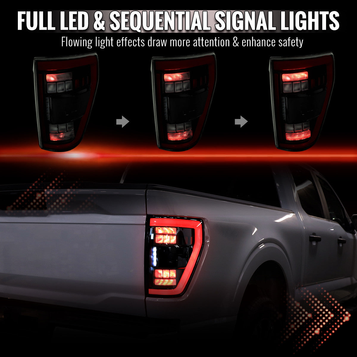 Spec-D Tuning - 2021-2023 Ford F-150 Full LED Tail Lights with Red Light Bar Sequential Turn Signal, Startup Animation & Factory BSM Compatibility (Black Housing / Smoked Lens) - LT-F15021SMBSM-SQ-RS