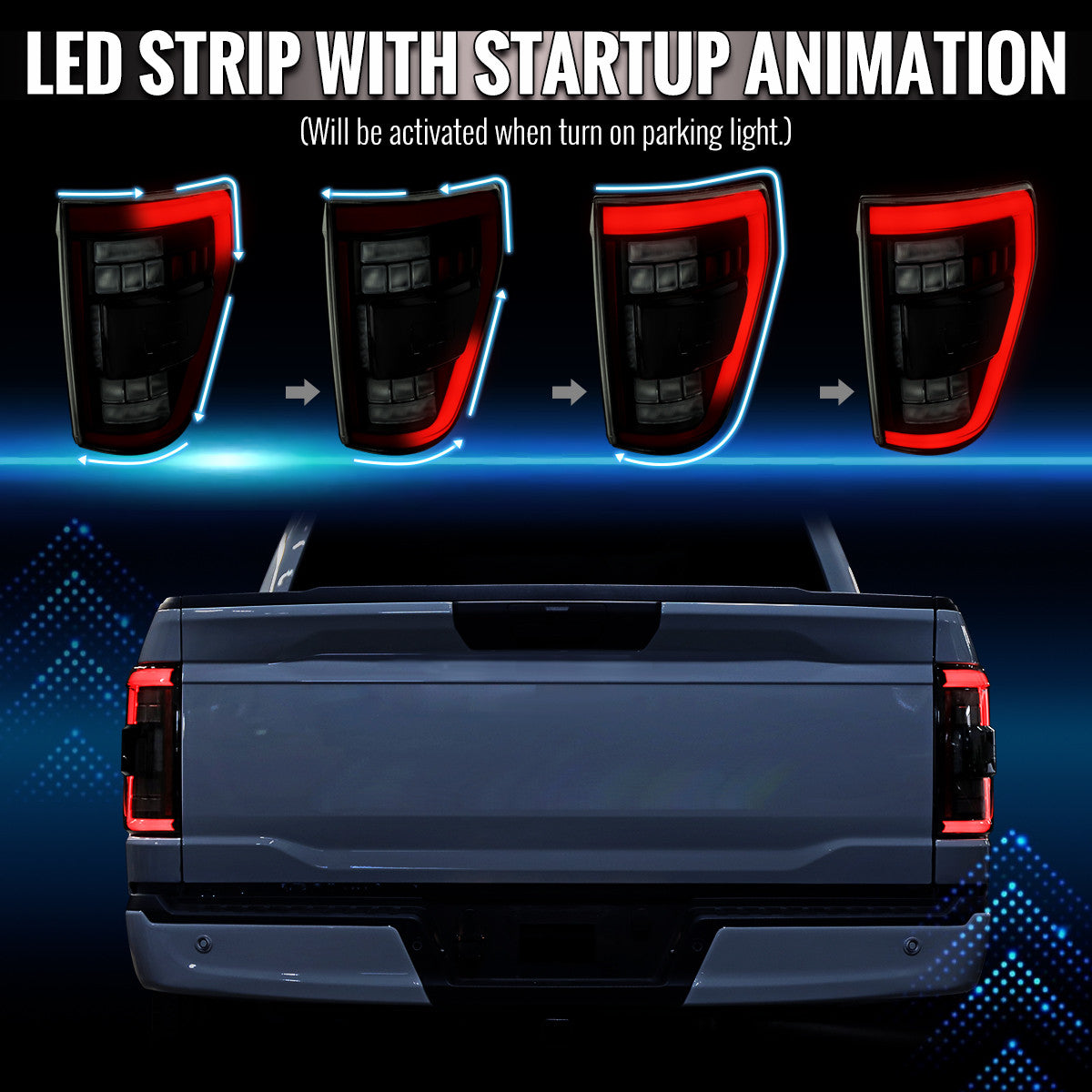 Spec-D Tuning - 2021-2023 Ford F-150 Full LED Tail Lights with Red Light Bar Sequential Turn Signal, Startup Animation & Factory BSM Compatibility (Black Housing / Smoked Lens) - LT-F15021SMBSM-SQ-RS