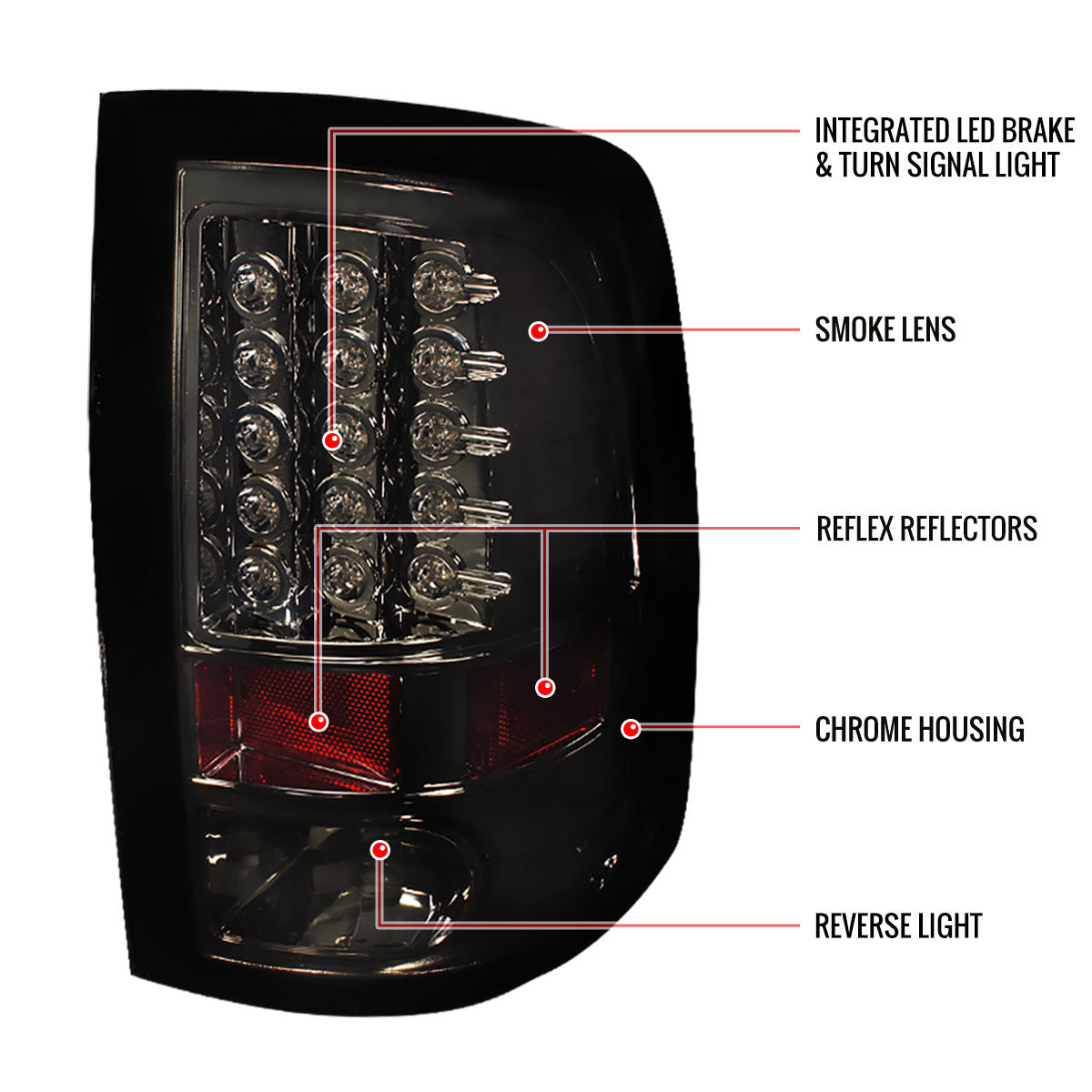 Spec-D Tuning - 2009-2018 Dodge RAM 1500 / 2019-2021 Dodge RAM Classic / 2010-2018 RAM 2500 3500 LED Tail Lights (Chrome Housing/Smoked Lens) - LT-RAM09GLED-TM