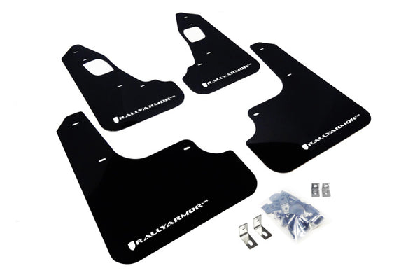 Rally Armor 08-17 Mitsubishi EVO X Black UR Mud Flap w/ White Logo - MF10-UR-BLK/WH for 2008-2017 Mitsubishi Lancer - front v