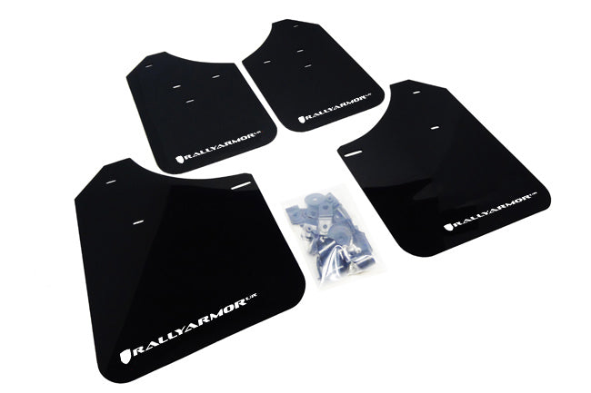Rally Armor 02-07 Subaru WRX/STI/RS/2.5i (Wagons Req. Mod.) Black UR Mud Flap w/ White Logo - MF1-UR-BLK/WH for 2015-2021 Sub