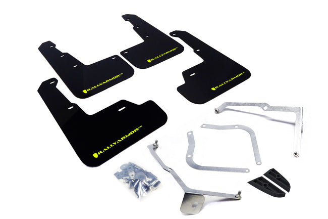 Rally Armor 15-21 Subaru WRX/STI (Sedan ONLY) Black UR Mud Flap w/ Green Logo - MF32-UR-BLK/CGN for 2015-2021 Subaru WRX - fr