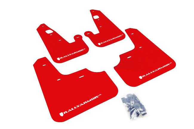 Rally Armor 07-17 Mitsubishi Lancer Red UR Mud Flap w/ White Logo - MF8-UR-RD/WH for 2007-2017 Mitsubishi Lancer - front view