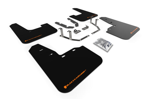 Rally Armor 18-23 Ford Fiesta ST MK8 Black UR Mud Flap w/Orange Logo - MF60-UR-BLK/OR for 2022-2024 Volkswagen Golf R - front