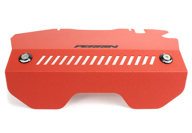 PERRIN Red Pulley Cover for 2015-2021 Subaru WRX - angle view