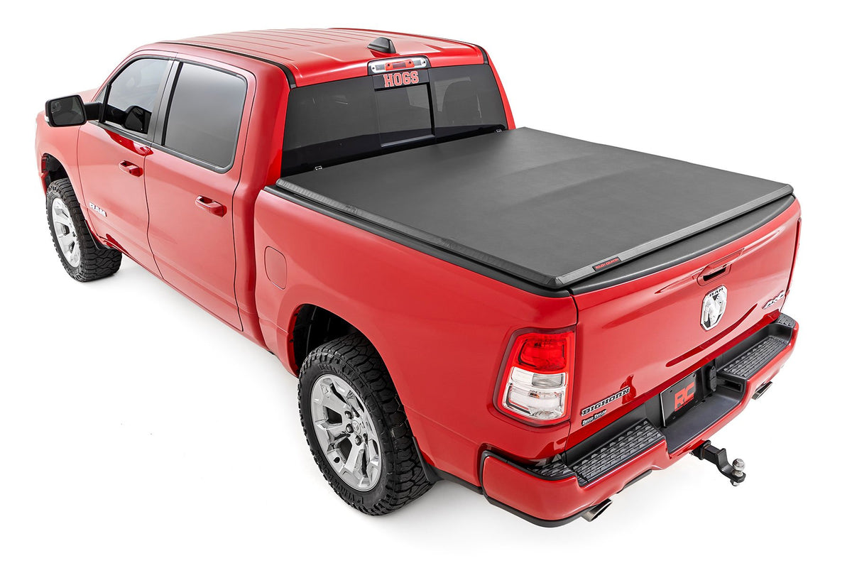 Rough Country - Soft Tri-Fold Bed Cover - 6'4" Bed - Ram 1500 (19-25)/1500 TRX (21-24) - 41309650A by Rough Country - angle v