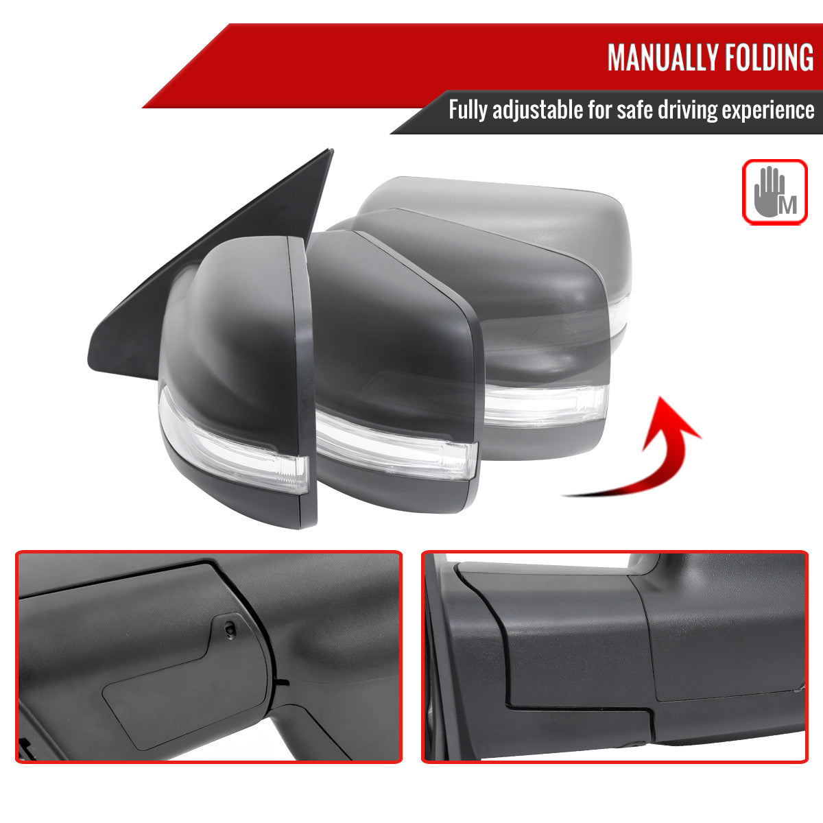 Spec-D Tuning - 2019-2024 Dodge RAM 1500 Black Power Adjustable, Manual Fold, BSD & Heated Side Mirror w/ LED Puddle and Turn Signal Light - Driver Side Only - RMV-RAM1915HP-FS-L