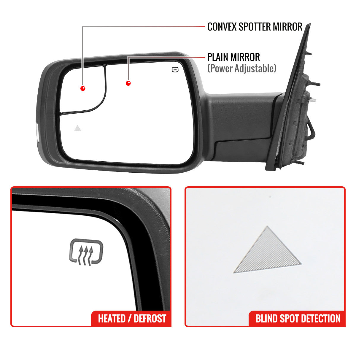 Spec-D Tuning - 2019-2024 Dodge RAM 1500 Black Power Adjustable, Manual Fold, BSD & Heated Side Mirror w/ LED Puddle and Turn Signal Light - Driver Side Only - RMV-RAM1915HP-FS-L