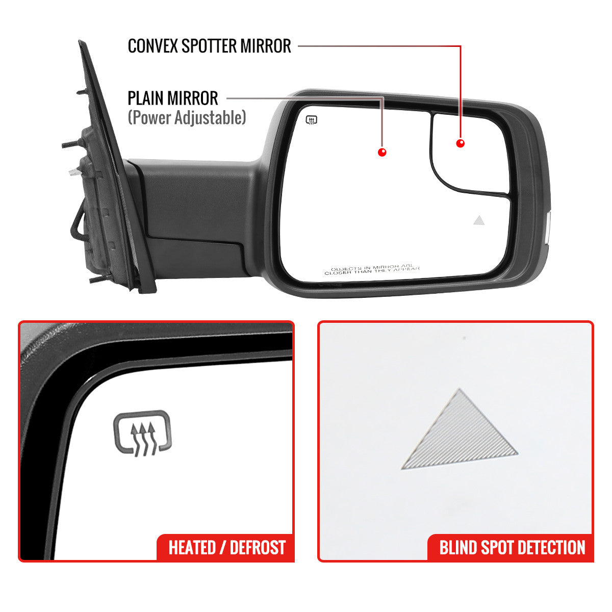 Spec-D Tuning - 2019-2024 Dodge RAM 1500 Black Power Adjustable, Manual Fold, BSD & Heated Side Mirror w/ LED Puddle and Turn Signal Light - Passenger Side Only - RMV-RAM1915HP-FS-R