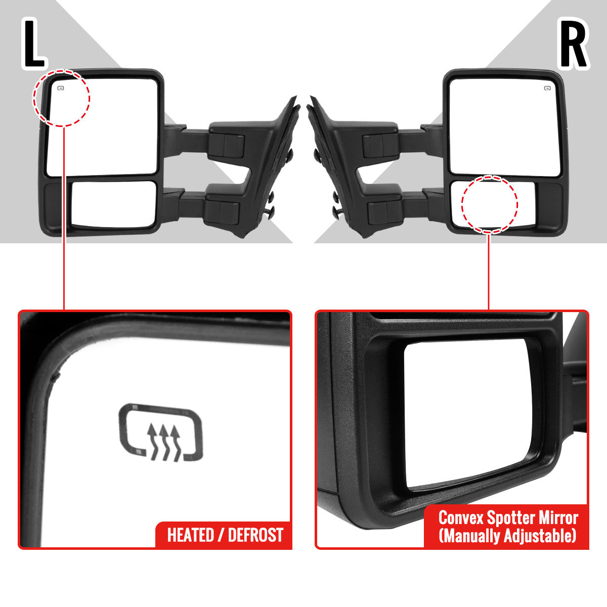 Spec-D Tuning - 2008-2016 Ford F-250/F-350/F-450/F-550 Power Adjustable, Heated, & Manual Extendable Towing Mirrors w/ Smoked Lens Turn Signal Lights - RMX-F25008GLEDH-P-FS