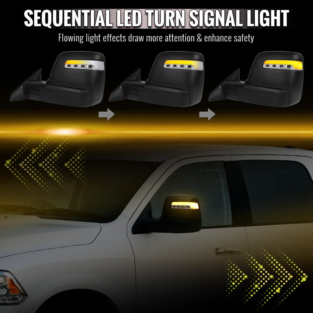 Spec-D Tuning - 2009-2012 Dodge RAM 1500 Black Power Heated 2023 Style Towering Mirror w/ Sequential Signal - RMX-RAM09HP-23-FS