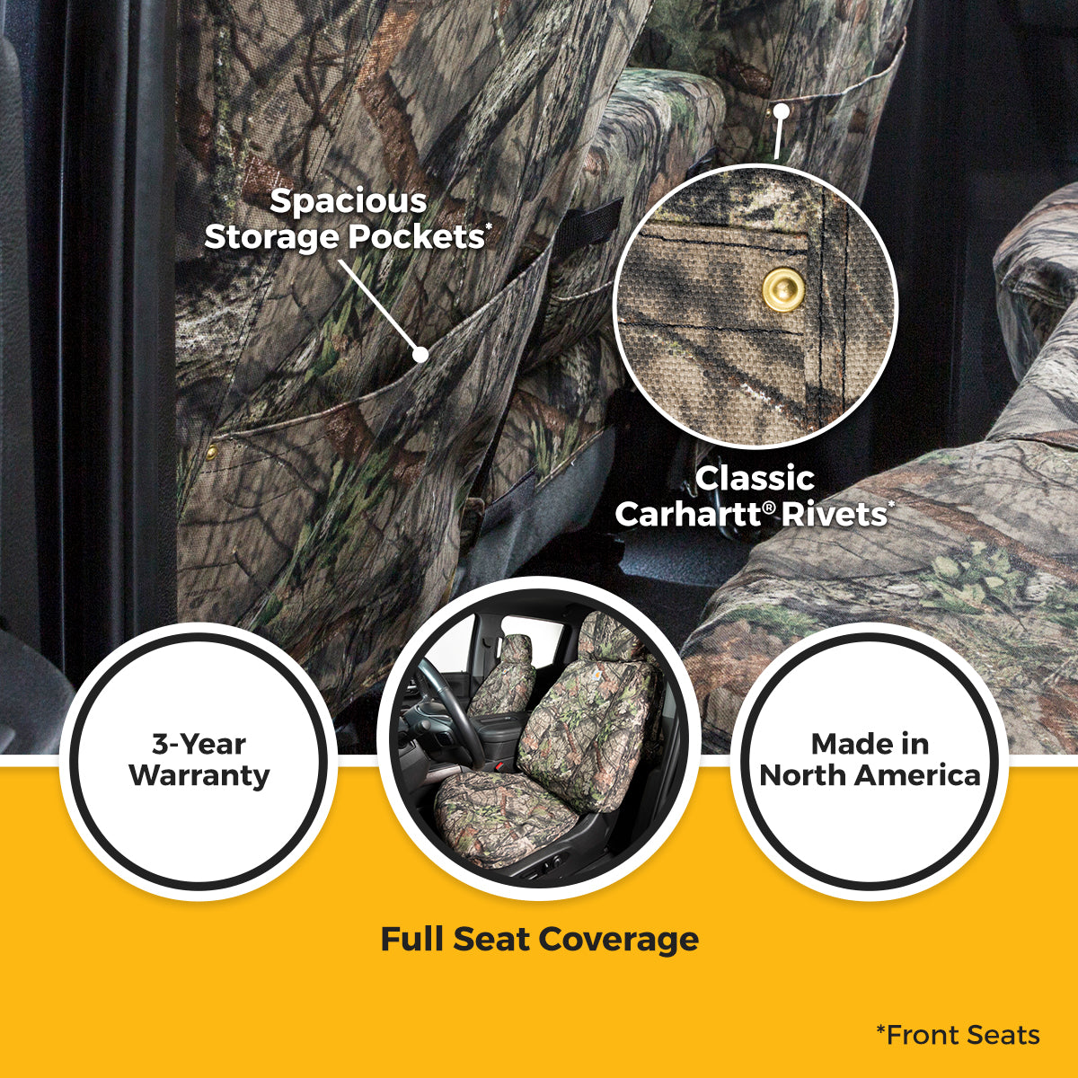 Covercraft 21-24 Ford Bronco Carhartt Camo SeatSaver Custom Front Row Seat Covers - Mossy Oak - SSC2591CAMB