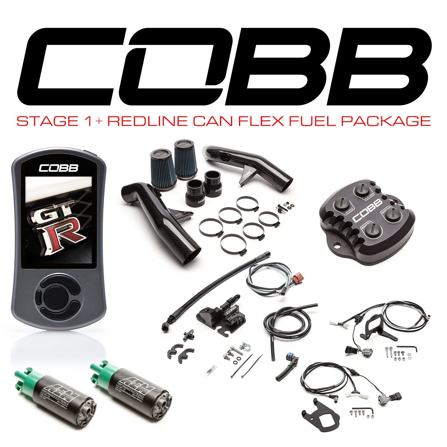Cobb 15-18 Nissan GT-R Stage 1+ Redline CF CAN Flex Fuel Power Package w/TCM Flashing (Left Hand Drive) - NIS008011PCFFF-LHD