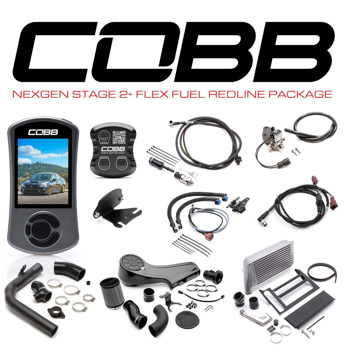 Cobb 18-21 Subaru WRX NexGen Stage 2 + CAN Flex Fuel Redline Carbon Fiber Power Package - Silver - SUB004NG2W-SL2FF-RED