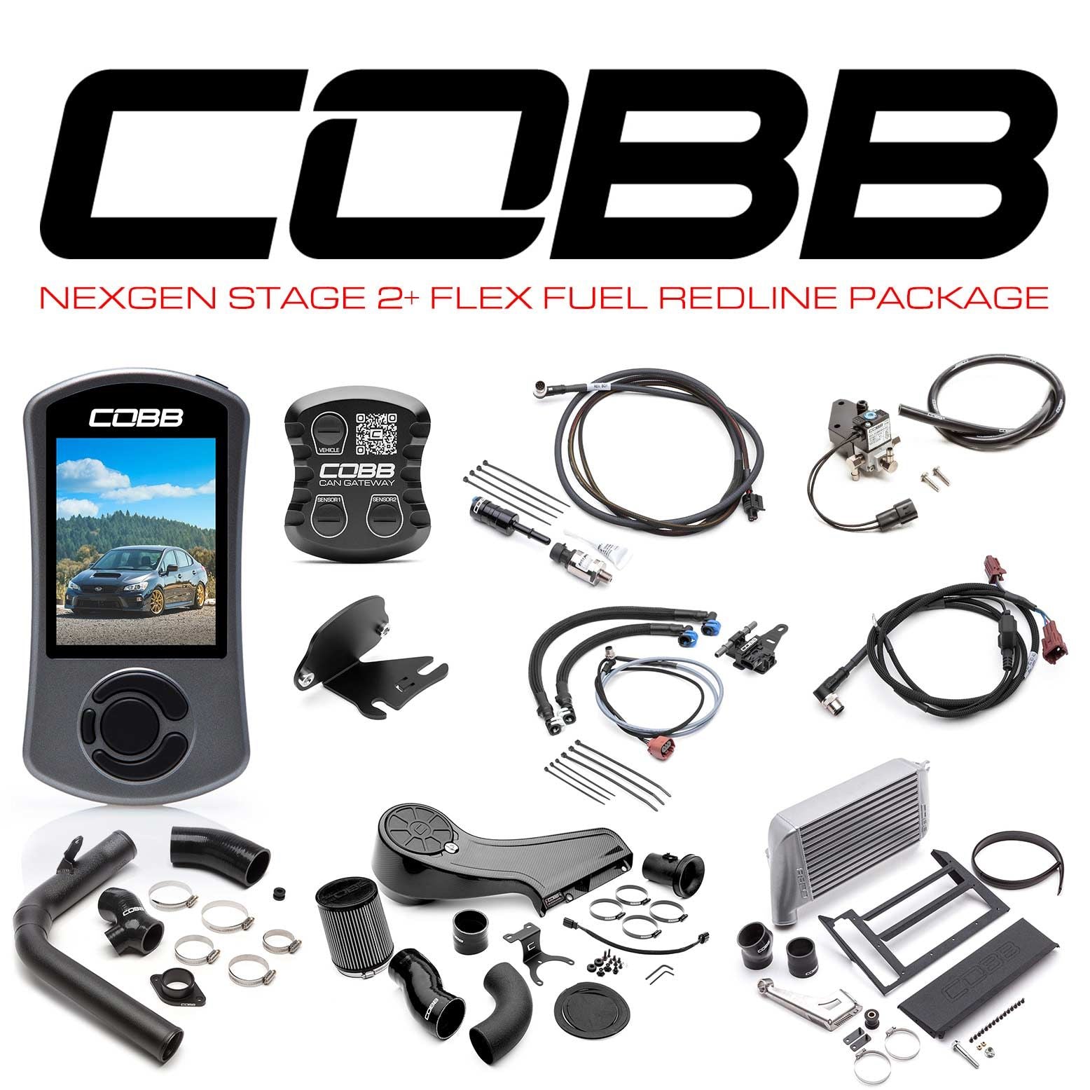 Cobb 18-21 Subaru WRX NexGen Stage 2 + CAN Flex Fuel Redline Carbon Fiber Power Package - Silver - SUB004NG2W-SL2FF-RED