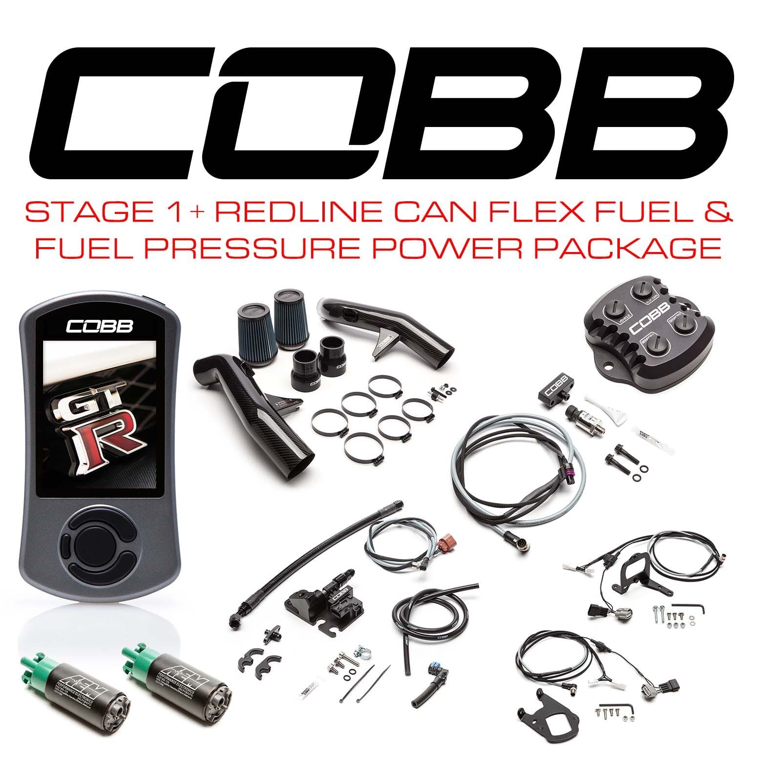 Cobb 15-18 Nissan GT-R Stage 1+ Redline Carbon Fiber CAN Flex Fuel & Fuel Pressure Power Package (Left Hand Drive) - NIS007011PCFFFP-LHD