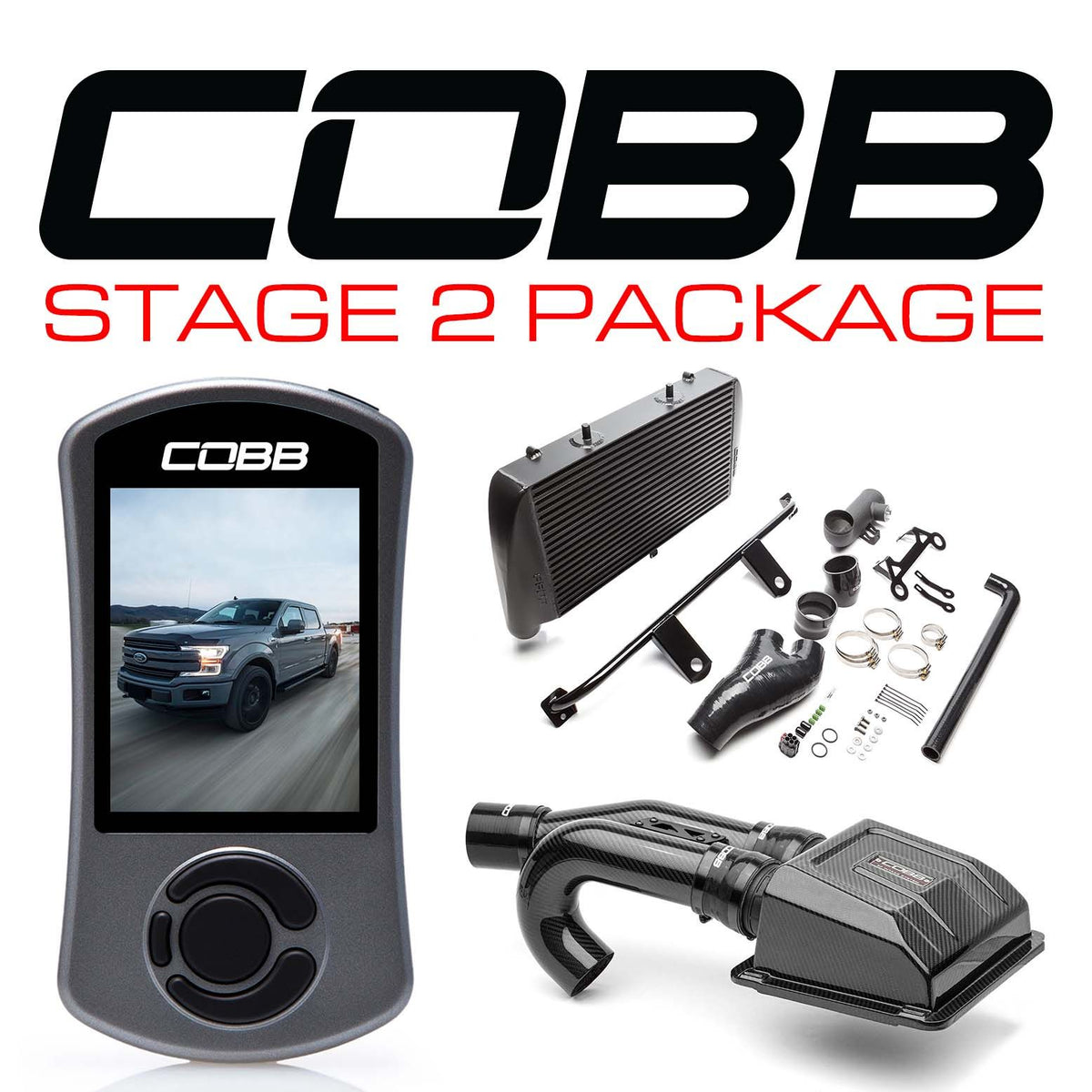 Cobb 17-19 Ford F-150 EcoBoost 3.5L Stage 2 Redline Carbon Fiber Power Package w/TCM - Black - FOR0060020BK-TCM-RED