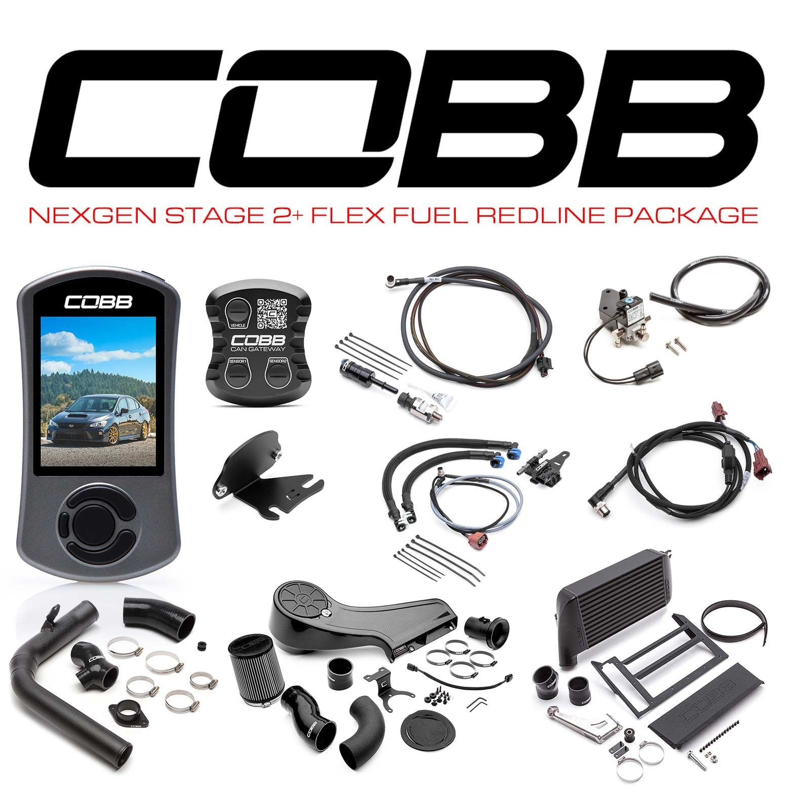 Cobb 18-21 Subaru WRX NexGen Stage 2 + CAN Flex Fuel Redline Carbon Fiber Power Package - Black - SUB004NG2W-BK2FF-RED