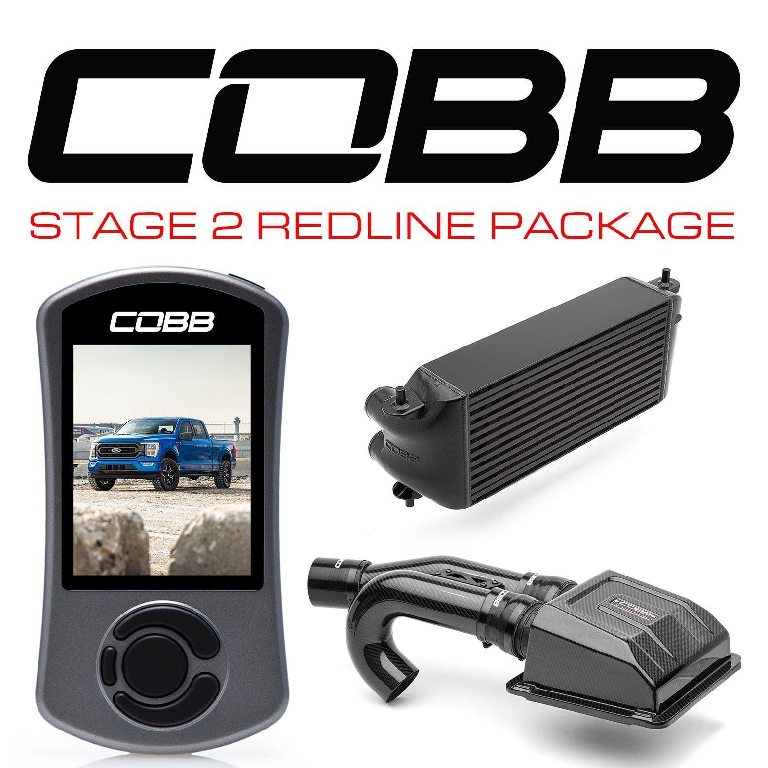 COBB - Stage 2 Redline Carbon Fiber Intake Power Package Black (Factory Location Intercooler) Ford F-150 Tremor 2021-2022 - FOR0110S20BK-RED
