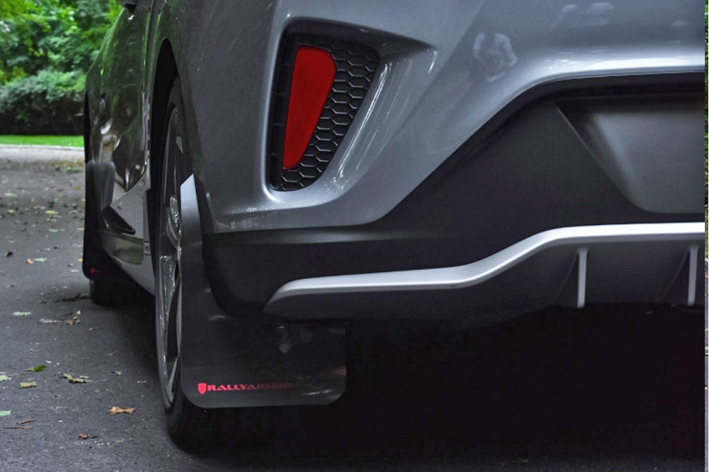 Rally Armor 19-21 Hyundai Veloster Turbo/2.0/R-Spec Black UR Mud Flap w/White Logo - MF58-UR-BLK/WH