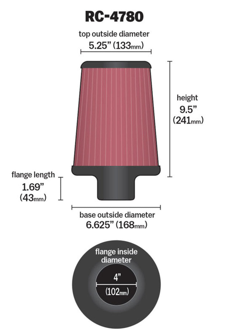 K&N Universal Filter Round Tapered 4in FlangeID / 6.625in Base OD / 5.25in Top OD / 9.5in Height - RC-4780