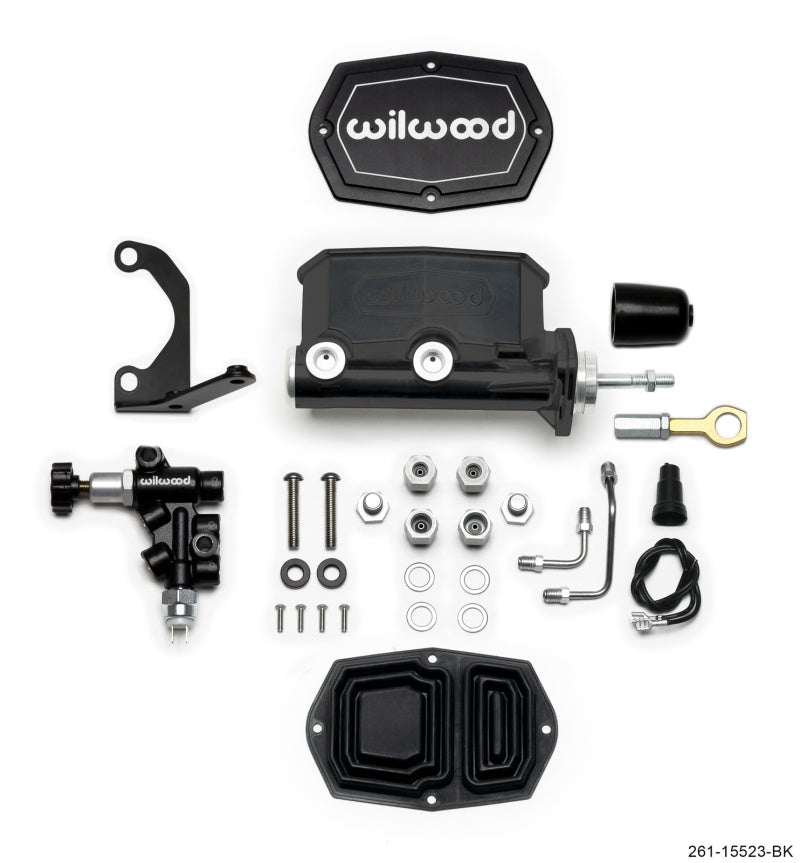 Wilwood Compact Tandem M/C - 15/16in Bore w/Bracket and Valve fits Mustang (Pushrod) - Black - 261-15523-BK