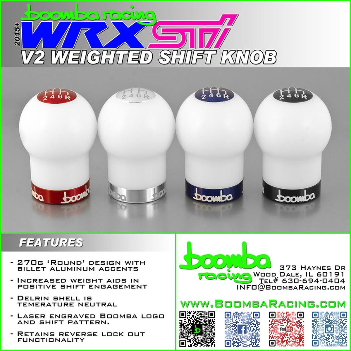 Boomba Racing - Subaru WRX STI 2015-2020 - Boomba White Delrin Shift Knob - Anodized (2015-2020 WRX STI ONLY)
