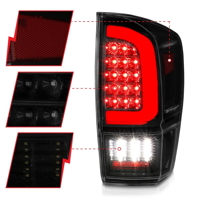 ANZO 16-21 Toyota Tacoma LED Tail Lights - w/ Light Bar Sequential Black Housing &amp; Smoke Lens