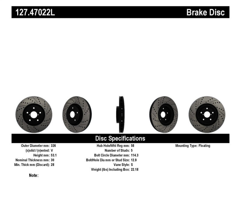 StopTech 05-10 Subaru Impreza WRX/STi Slotted & Drilled Left Front Rotor - 127.47022L for 2005-2014 Subaru Impreza - detail v