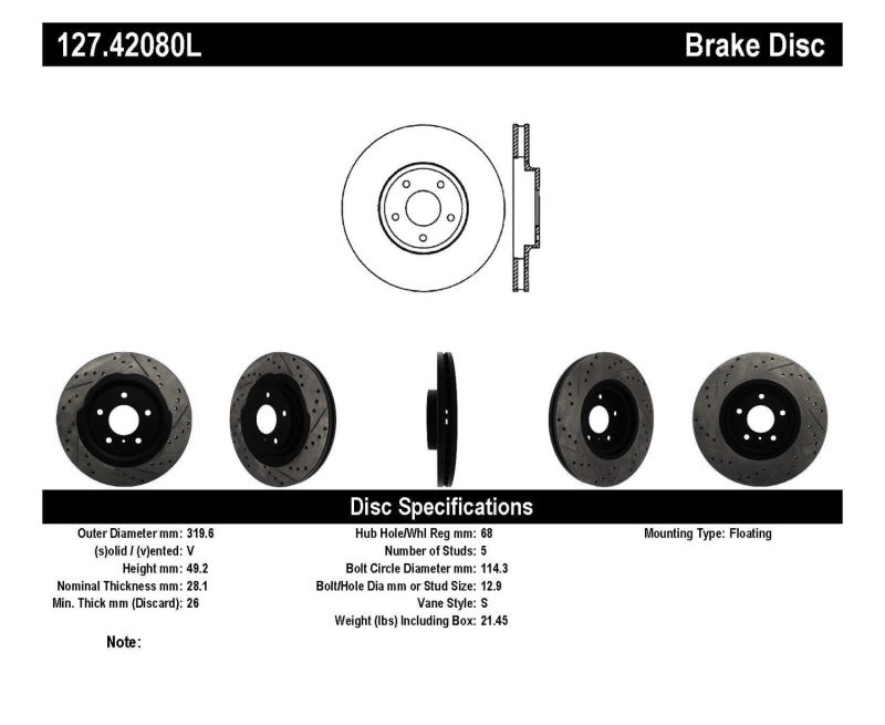 StopTech 06-07 350Z / 05-07 G35 exp Sport/ 06-07 G35X SportStop Slotted &amp; Drilled Front Left Rotor