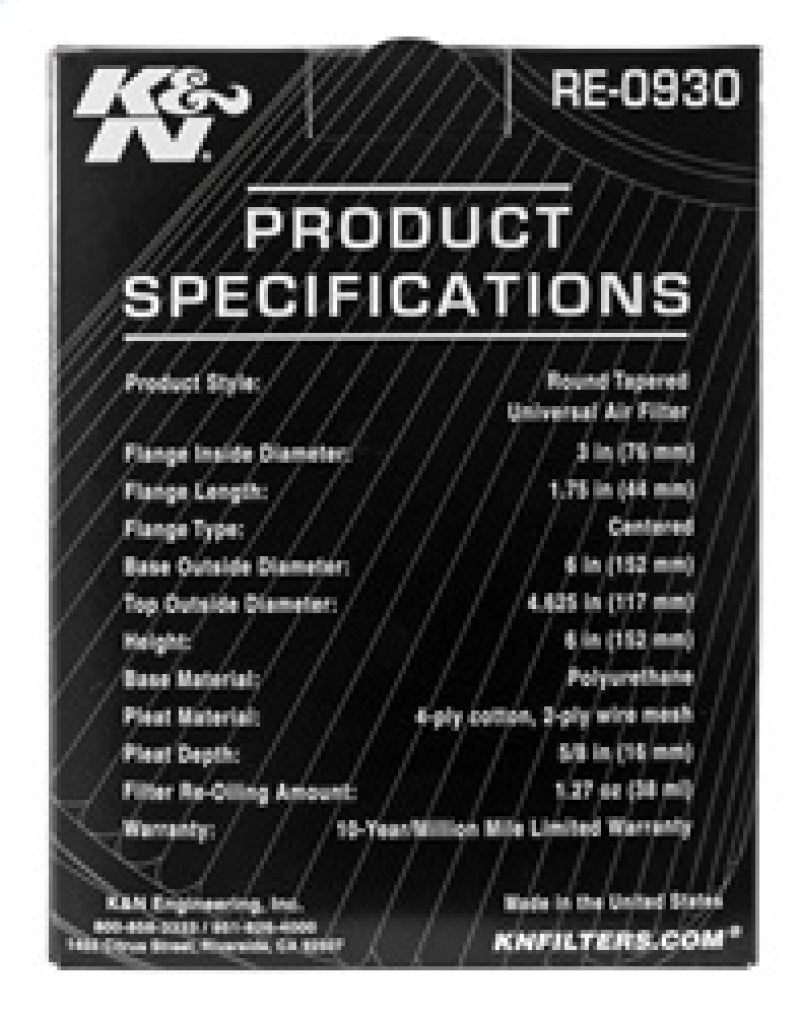 K&amp;N Universal Rubber Filter - Round Tapered 6in Base OD x 3in Flange ID x 6in H - RE-0930