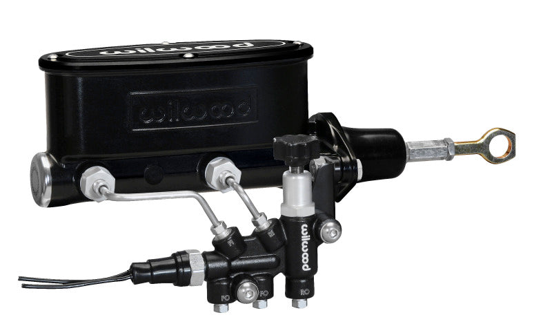 Wilwood HV Tandem M/C Kit w L/H Bracket &amp; Prop Valve - 7/8in Bore Black-W/Push. - Early Mustang - 261-13272-BK