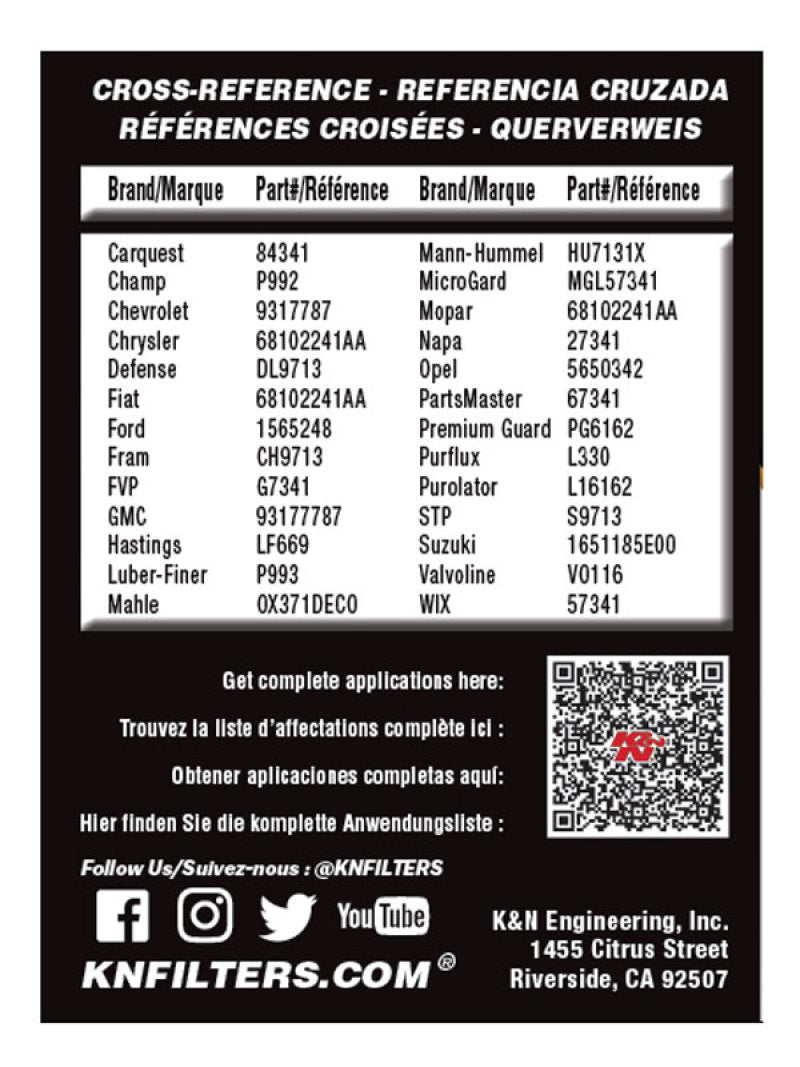 K&N Performance Oil Filter - 14-18 Fiat 500L 1.4L L4 Gas - HP-7041