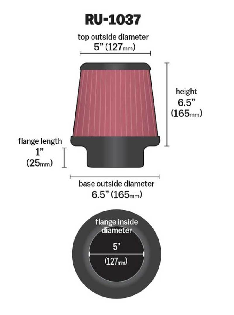 K&amp;N Universal Clamp-On Air Filter 5in FLG / 6-1/2in B / 5in T / 6-1/2in H - RU-1037