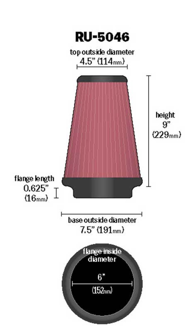 K&amp;N Universal Clamp-On Air Filter 6in FLG / 7-1/2in B / 4-1/2in T / 9in H - RU-5046
