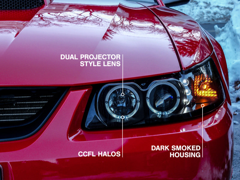 Raxiom 99-04 Ford Mustang Dual LED Halo Projector Headlights- Black Housing (Smoked Lens) - 49113