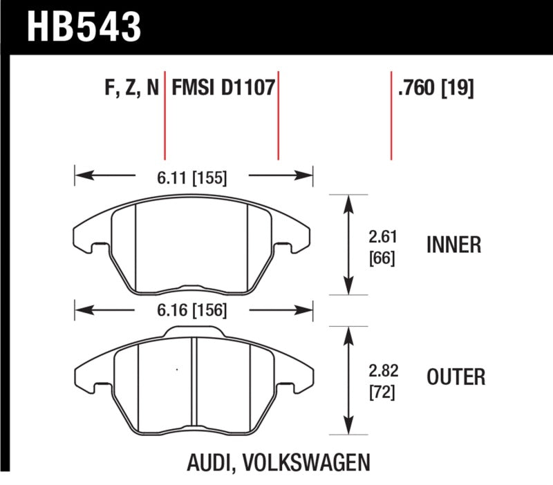Hawk Audi A3/TT / VW EOS / Golf / Jetta / Passat / Rabbit DTC-60 Front Race Brake Pads - HB543G.760 for 1997-2015 Volkswagen 