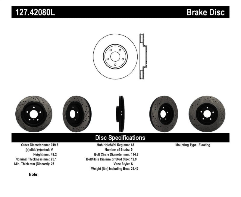 StopTech 06-07 350Z / 05-07 G35 exp Sport/ 06-07 G35X SportStop Slotted &amp; Drilled Front Left Rotor