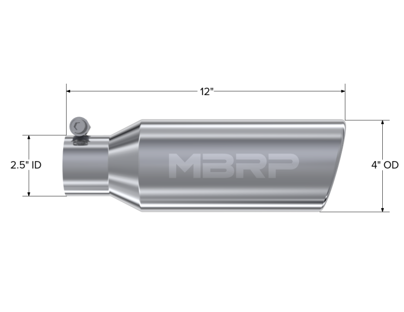 MBRP Universal Tip 4in OD 2.5in Inlet 12in Length Angled Cut Rolled End Clampless No-Weld T304 - T5150